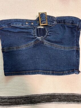 CIDER Denim Strapless Bustier Top with Buckle - Dark Blue